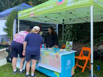 Image shows marquee of the Saltwater Creek Information Stall at Tanks Markets 27 July 2025